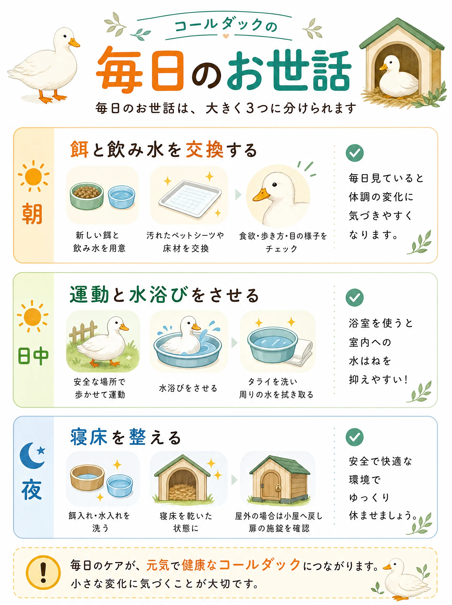 コールダックの朝・日中・夜のお世話