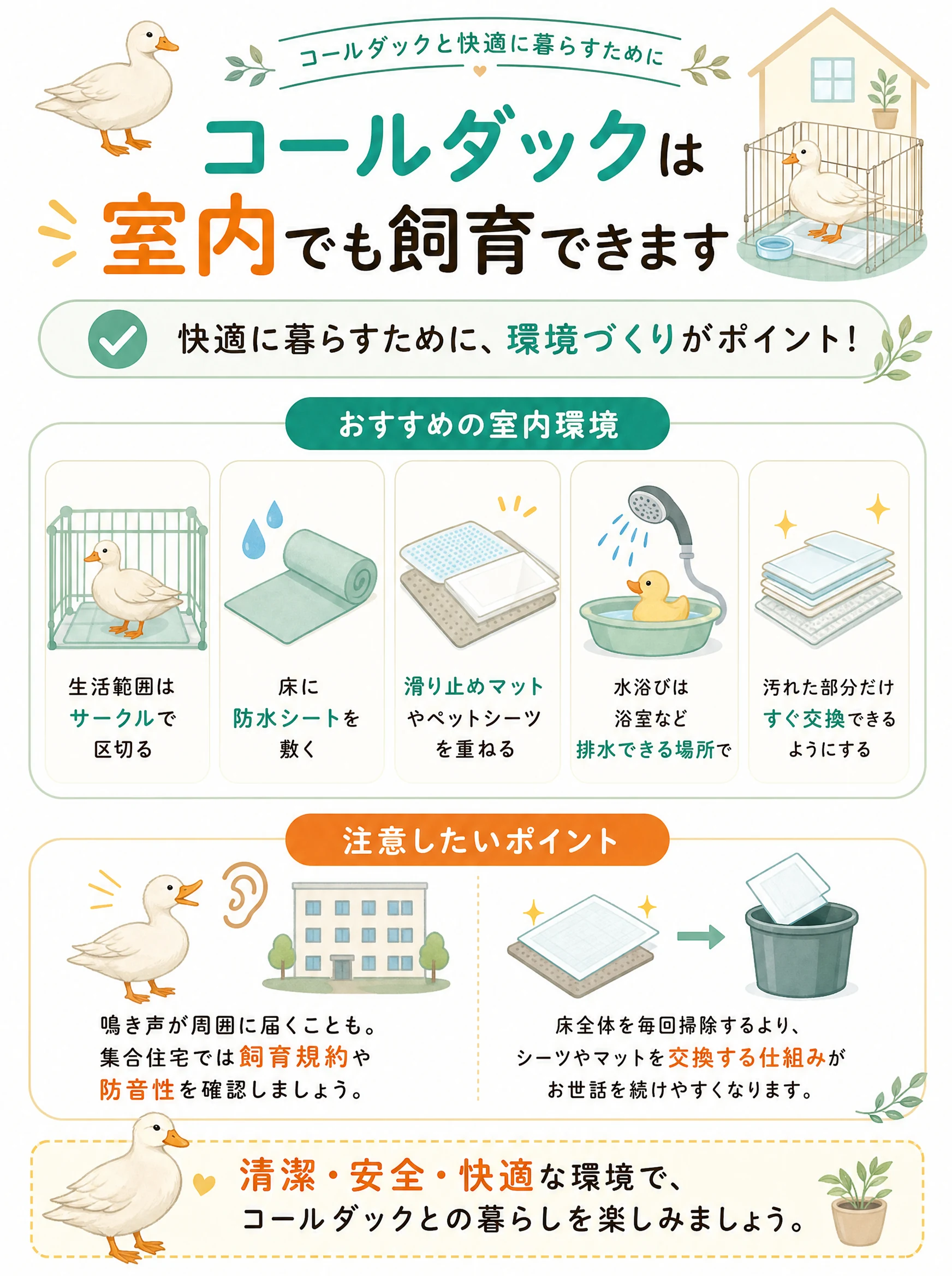 コールダックを室内飼育するための環境づくり