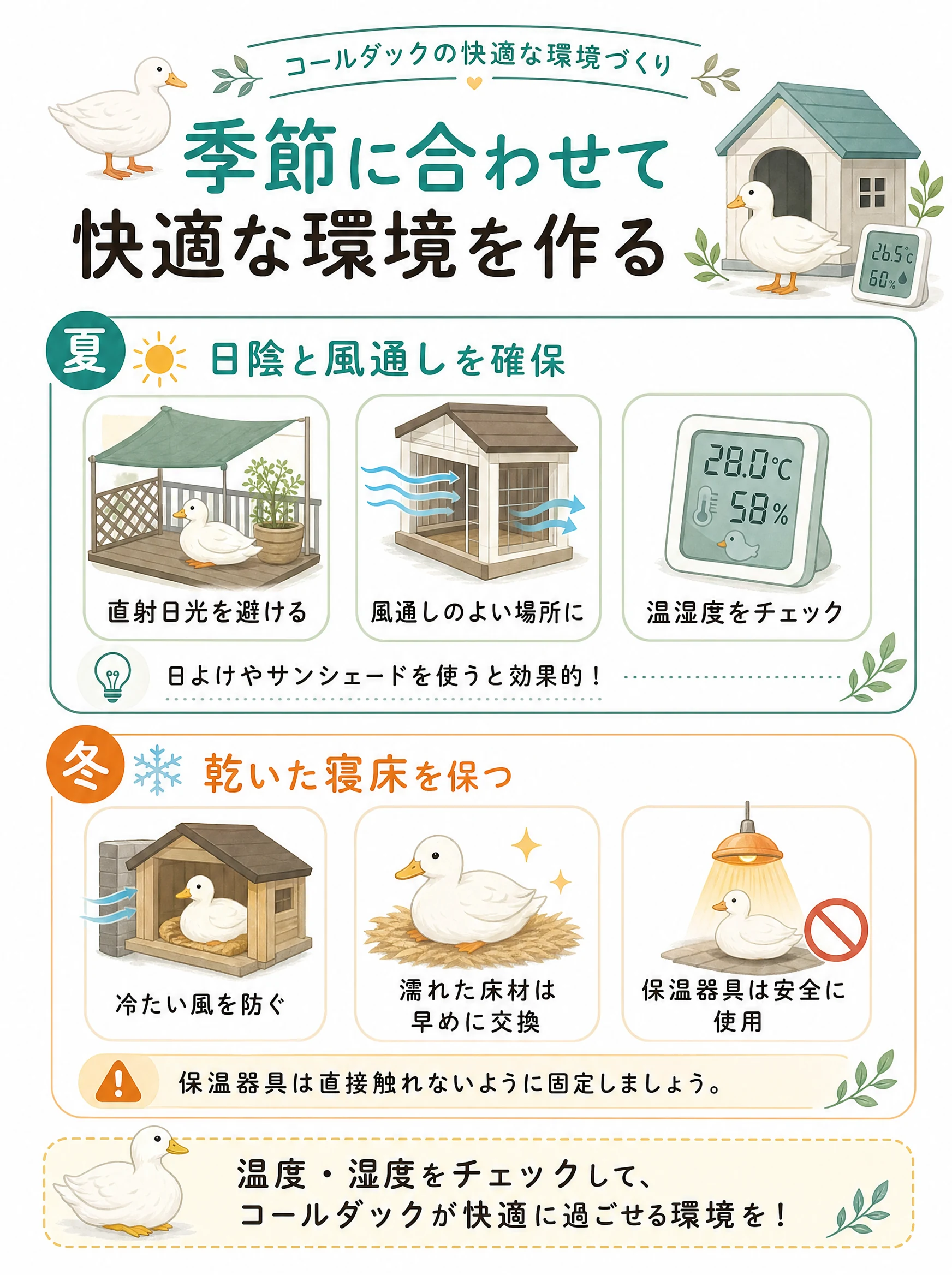 コールダックの夏と冬の飼育環境