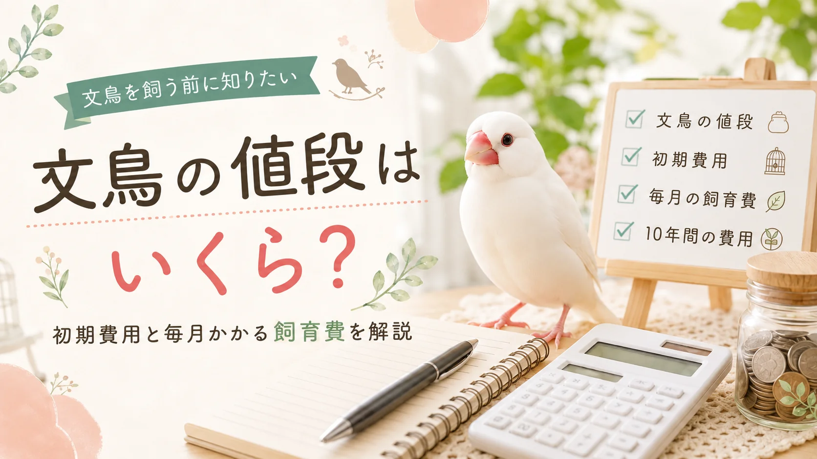文鳥の値段・初期費用・毎月の飼育費・10年間の費用を解説するアイキャッチ画像
