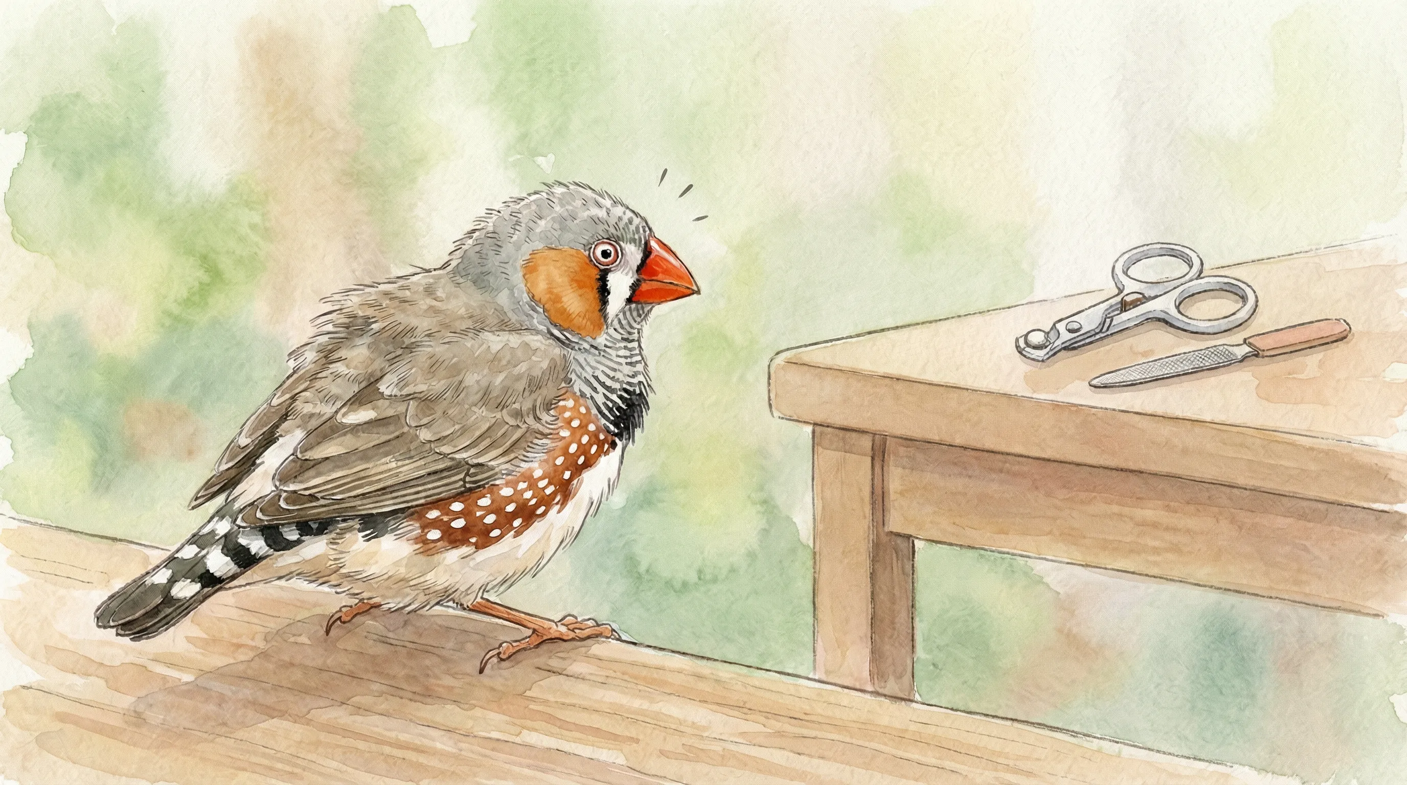 爪切りを見て驚くキンカチョウ