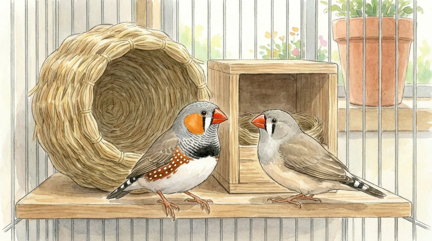 キンカチョウが壷巣か箱巣か悩んでいる様子