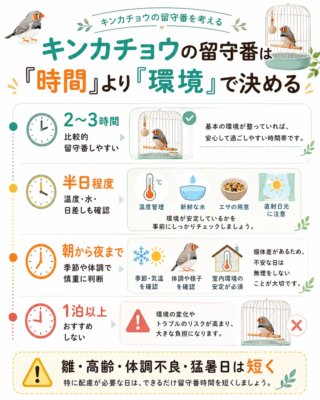 キンカチョウの留守番は時間より環境で判断する目安