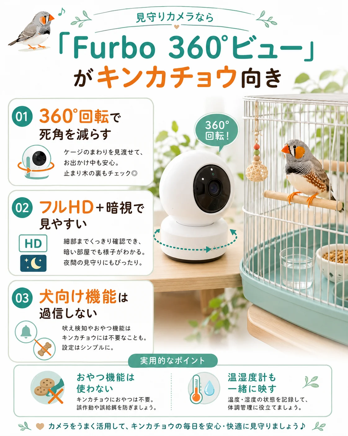 Furbo 360ビューがキンカチョウの見守りに向いているポイント