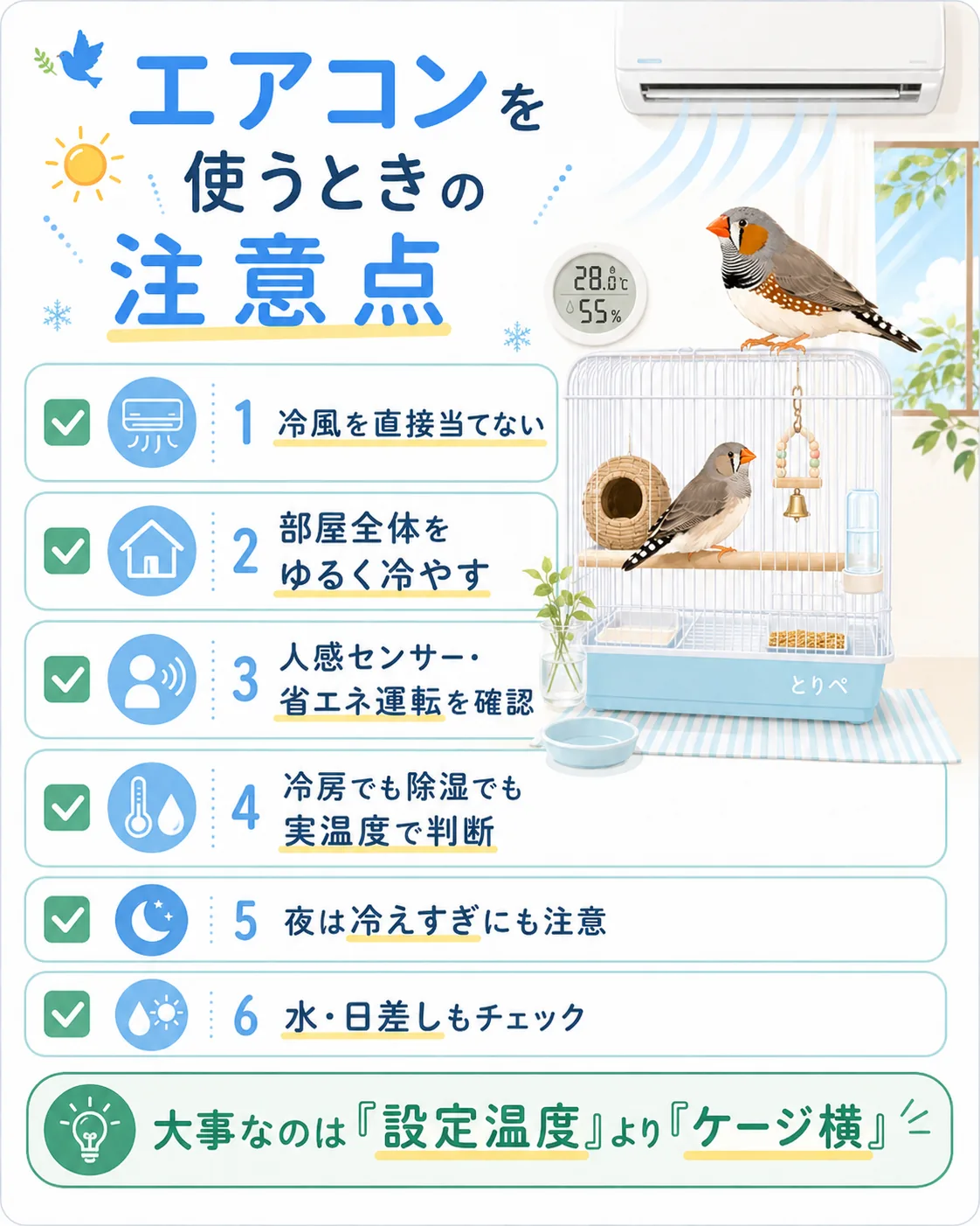 エアコンを使うときの注意点をまとめた図解