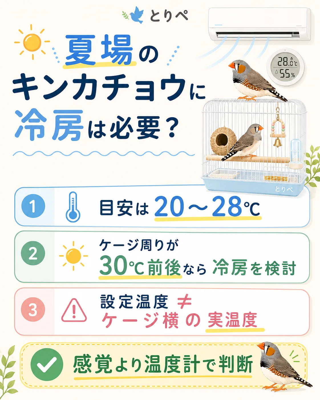 夏場のキンカチョウは感覚よりケージ横の温度計で判断する図解