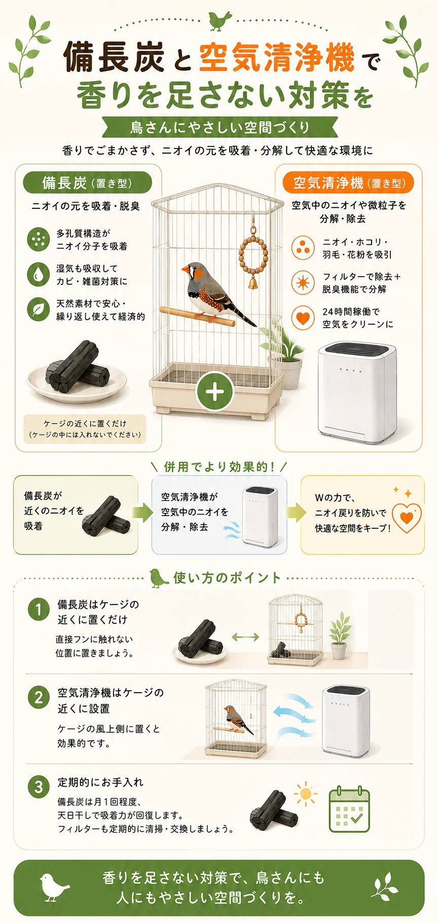 備長炭と空気清浄機で香りを足さずににおい対策をする図解