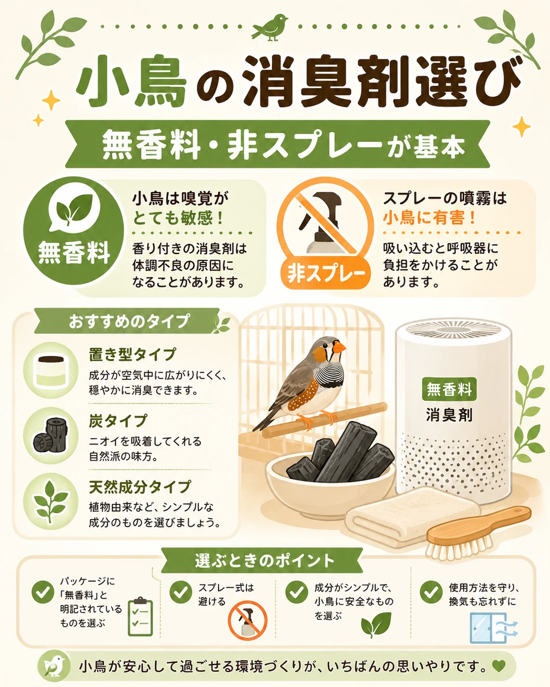 小鳥の消臭剤選びは無香料・非スプレーが基本という図解