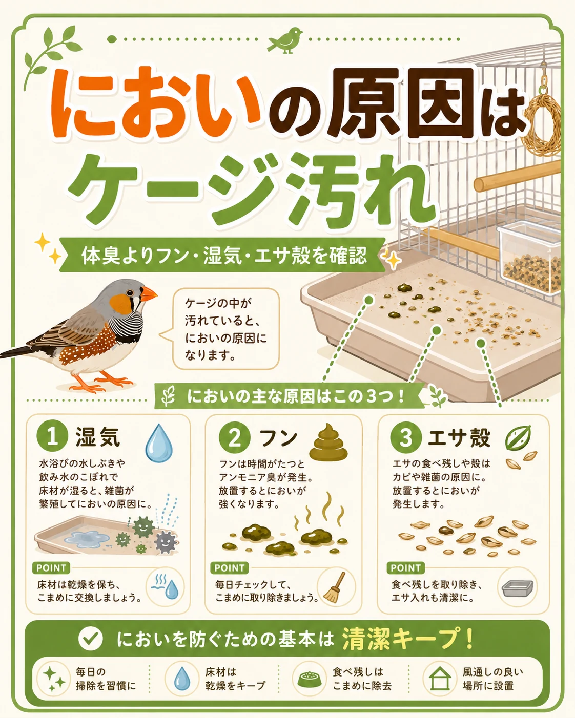 キンカチョウのにおいの原因はケージ汚れで、湿気・フン・エサ殻を確認する図解