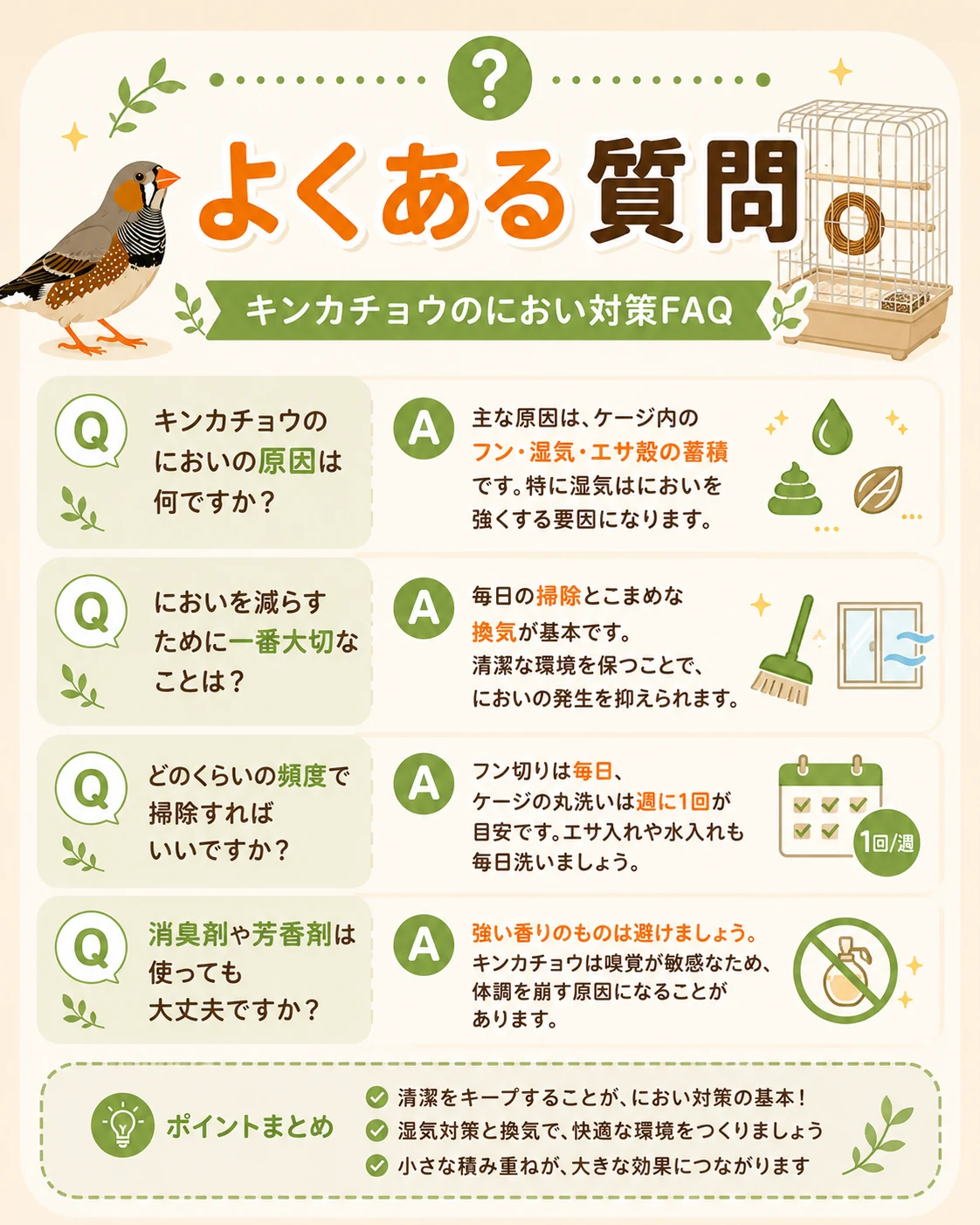 キンカチョウのにおい対策でよくある質問をまとめたFAQ図解